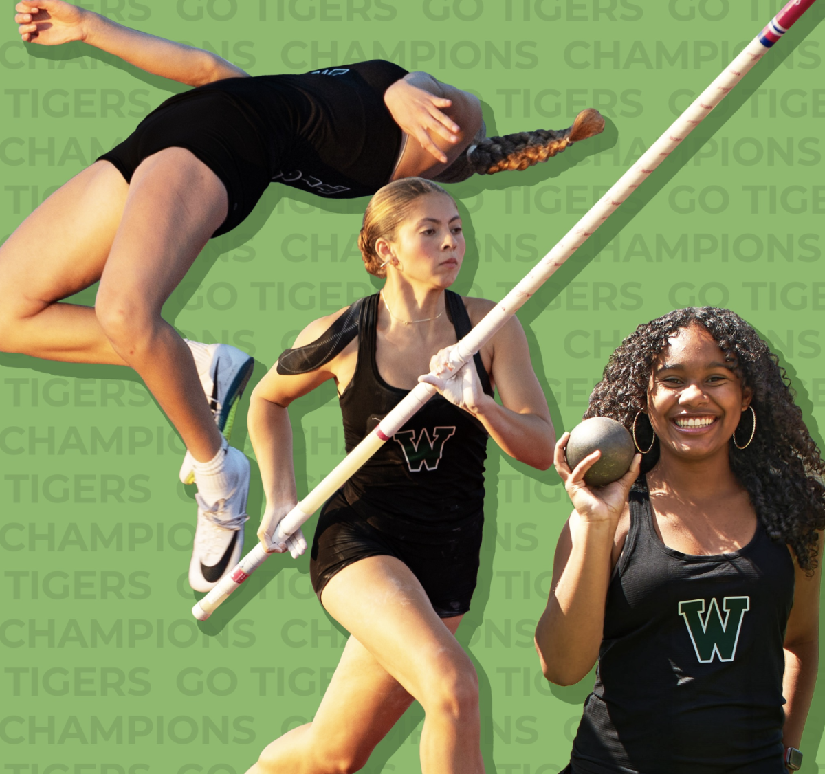 A collage graphic of Bennett, Micaela, and Teia competing in their respective events. All three champions have at least one year left in their athletics career at Westridge.